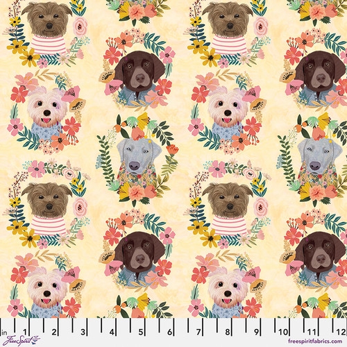 Patchwork Baumwolle - Mia Charro - Puppy Wreaths - Yellow -  Floral Pets